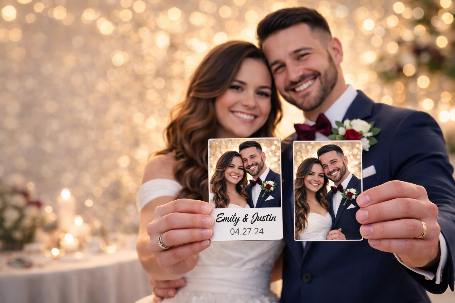 Couple holding up personalized photo magnets with a blurred festive background