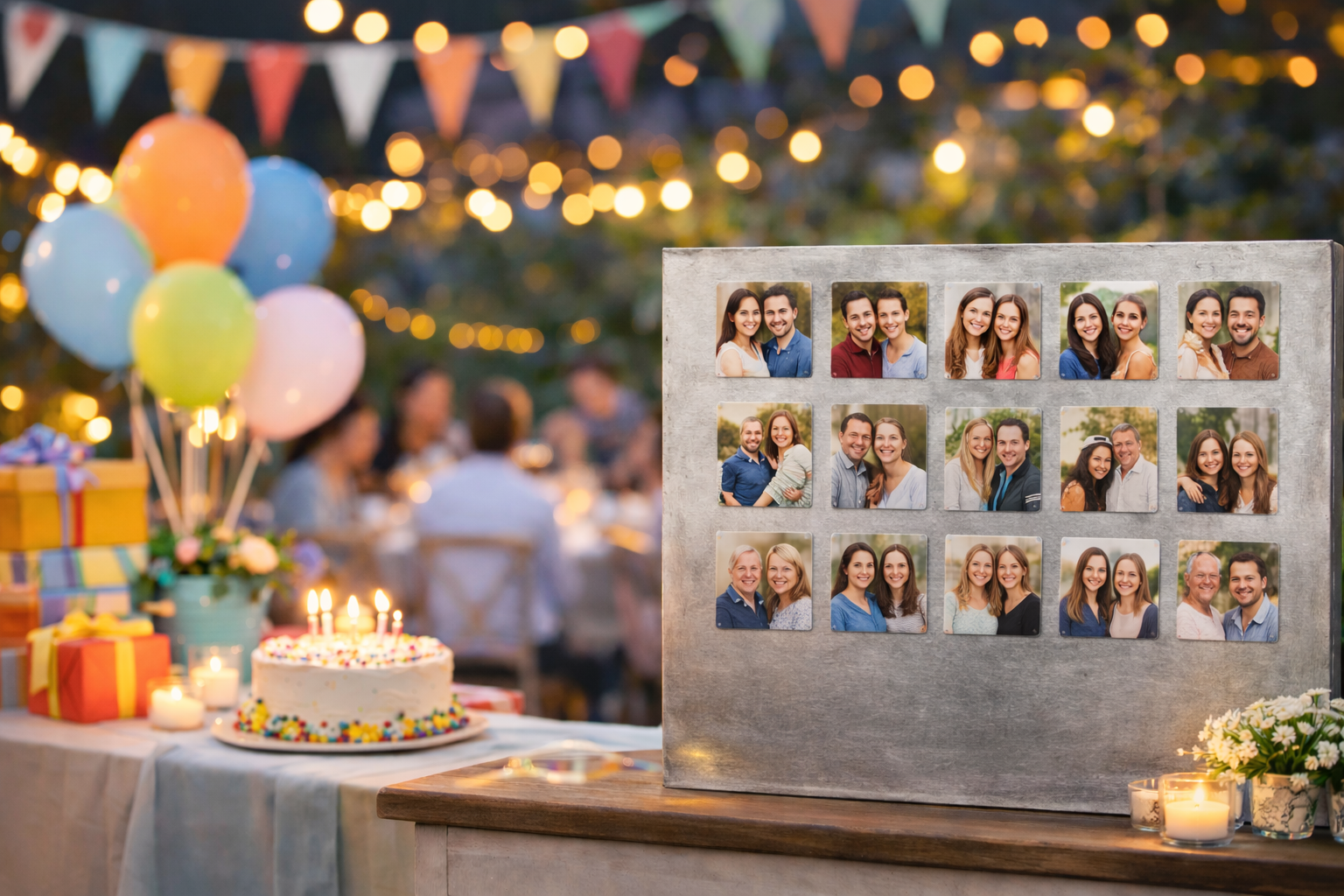 Decorative photo collage of magnets on a table with a festive background of balloons and lights.