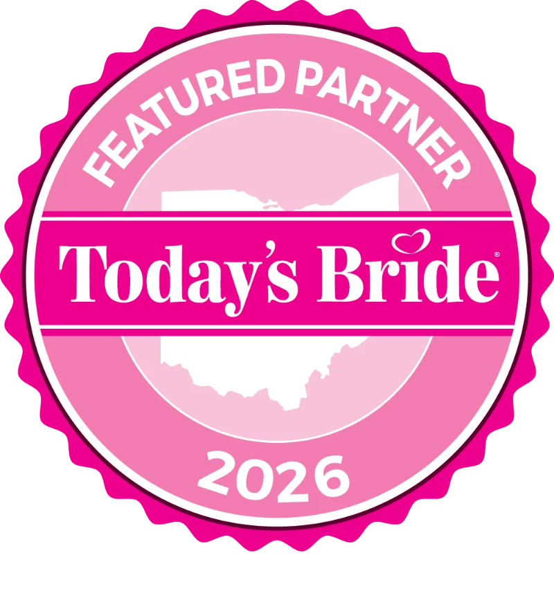 Circular pink badge with 'Today's Bride' and 'Featured Partner 2026' text on a white background