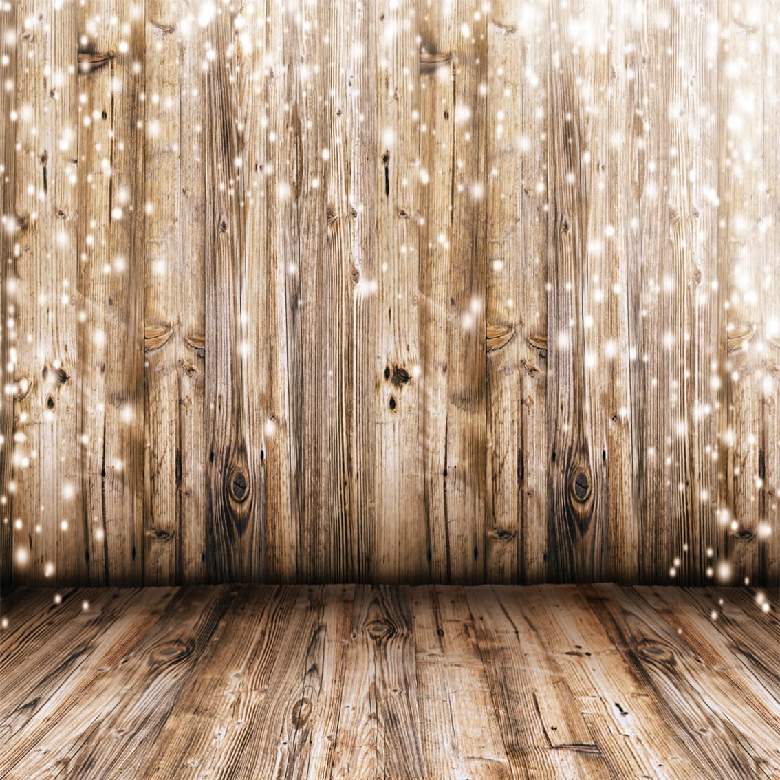 Wooden backdrop and floor with string lights creating a warm glow