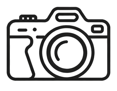 Black line drawing of a camera on a white background