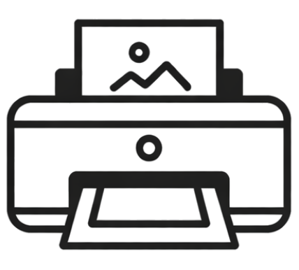 Black and white icon of a printer with a printed photo on a white background